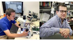 Photos of two researchers. The photo on the left is of Jeff Schulz looking through a microscope. The photo on the right is of Rafael Davalos.