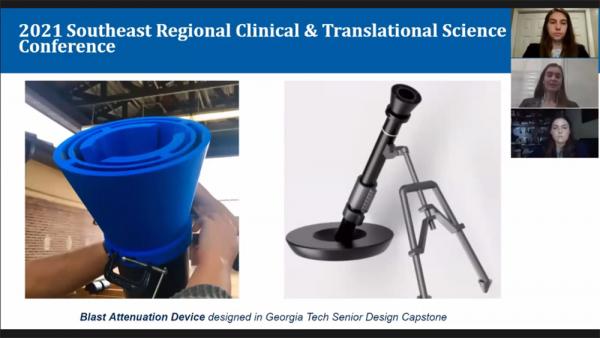 This presentation to the Southeast Regional Clinical and Translational Science Conference shows the blast attenuation device created by a BME Capstone team for U.S. Army mortarmen. The team was one of seven to present virtually alongside professionals at the annual meeting of researchers and clinicians.