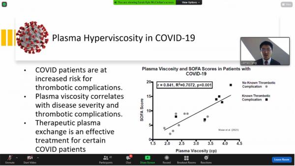 This presentation to the Southeast Regional Clinical and Translational Science Conference explains how a BME Capstone team proposed to measure blood plasma viscosity in Covid-19 patients. The team was one of seven to present virtually alongside professionals at the annual meeting of researchers and clinicians.
