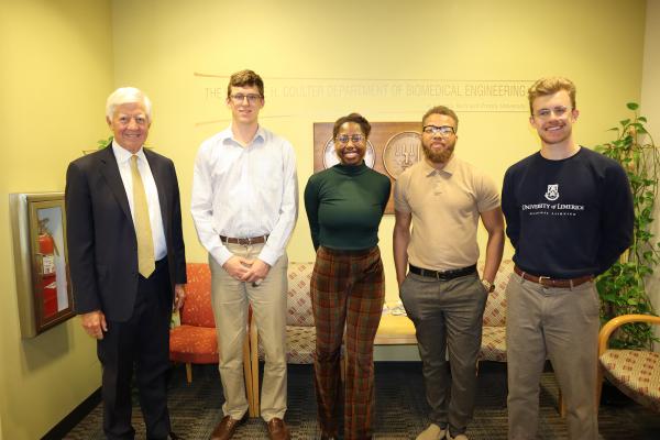 Bill George took time to meet with several groups of students on the day of his visit.