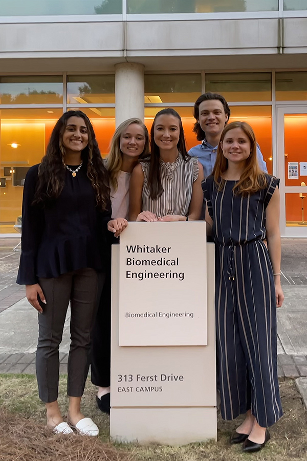 Brielle Lonsberry's Capstone Design team, which won the top biomedical engineering award among teams at the Spring 2021 Capstone Design Expo. They developed a screening tool to help doctors assess babies' ability to properly breastfeed. The team was, from left, Simran Dhal, Emma Kate Costanza, Amanda Wijntjes, Austin Stachowski, and Lonsberry. (Photo Courtesy: Brielle Lonsberry)