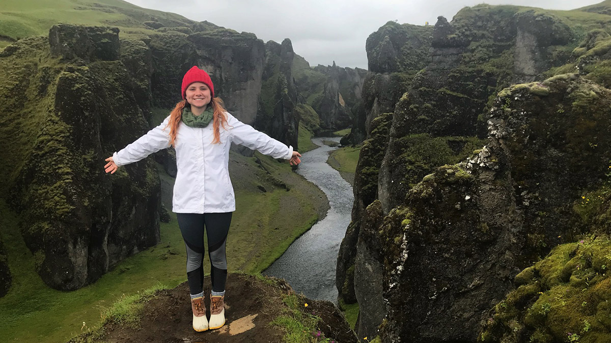 Graduating senior Brielle Lonsberry in Fjaðrárgljúfur, Iceland, during one of her two study abroad experiences. Lonsberry participated in the Coulter BME Galway Summer Program and the Leadership for Social Good Study Abroad Program. (Photo Courtesy: Brielle Lonsberry)