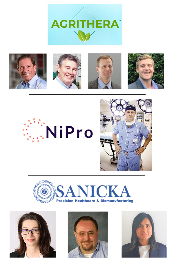 Headshots and logos for three Biolocity teams: Agrithera, NiPro, and Sanicka