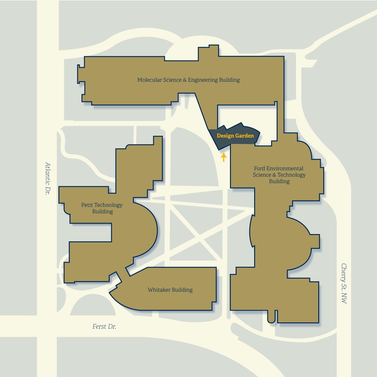 Map of the Georgia Tech BioQuad highlighting the location of the Design Garden. (Illustration: Manit Rambhia)