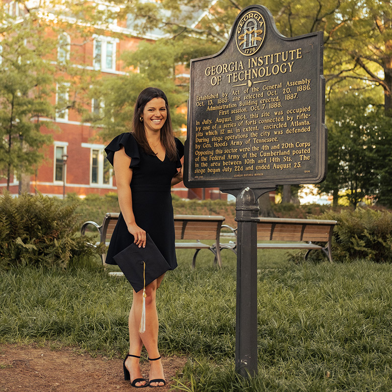 Tori Granelli with the Georgia Tech historical marker in front of Tech Tower.