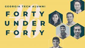 Georgia Tech Alumni Association 40 Under 40 graphic with BME honorees in hexagonal headshots on a yellow background: Mahdi Al-Husseini, Ambika Bumb, Cory Sago, Mike Weiler, Varun Yarabarla, and Y. Shrike Zhang.