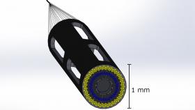 Proposed design of a 1mm catheter-based ultrasound device designed to simultaneously measure plaque composition, artery structure, and hemodynamics in 3D in coronary arteries. The device minimizes disturbances to blood flow from the catheter itself. Assistant Professor Brooks Lindsey is leading a new $2.5 million project to develop the device, which will help doctors assess whether patients need aggressive treatment to prevent a heart attack. (Image Courtesy: Brooks Lindsey)