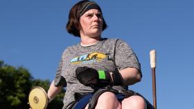 Assistant Professor Cassie Mitchell prepares for her discus throw at the Paralympic Trials in June, where she secured a spot on Team USA for the 2020 Paralympic Games in Tokyo. (Photo Courtesy: Mark Reis/U.S. Paralympics Track & Field)