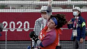 In this screenshot from NBCOlympics.com, Cassie Mitchell throws a personal-best (and American record) 24.18 meters in the club throw at the Tokyo Paralympics.