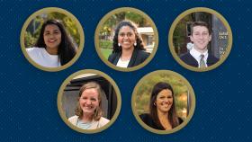 Circular headshots of five students on a navy background: Prerana Kumar, Kiran Varadarajan, David Bat, Tori Granelli, and Katie Young. (Graphic: Manit Rambhia)