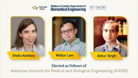 Headshots of Shella Keilholz, Wilbur Lam, and Ankur Singh. Text: Elected as Fellows of American Institute for Medical and Biological Engineering (AIMBE).