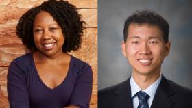 Two headshot photos of professors. Karmella Haynes is the left photo and Peng Qiu is the right photo.
