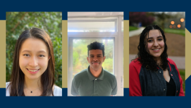 Photo of three students. From left to right: Emily Yan, Zakir Ahmedin, and Rachel Kroger