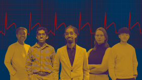Graphic image of a group of five students from the Coulter BME Cardiovascular Biomechanics Graduate Training Program at Emory and Georgia Tech 