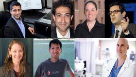 Meet the Petit Institute's newest faculty researchers: (clockwise from top left) Chethan Pandarinath, Bilal Haider, Anne Pollock, Costas Arvanitis, Robert Gross, Peng Qiu, and Blair Brettmann.