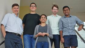 BME Associate Professor Joe Le Doux (left) gathers with some of the BME undergraduate mentors (left, from Le Doux): Subhi Al-jabi, Dhara Patel, Andrew Akers, and Bhargav Earla.