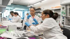 Researchers work in the cell manufacturing laboratory of Krishnendu Roy at Georgia Tech. Shown (l-r) are NSF Graduate Research Fellow Joscelyn Mejias, Research Experience for Undergraduates (REU) Program student Angela Jimenez, (background) Postdoctoral Fellow Randall Toy, Georgia Tech Research Institute TAG-Ed High School Intern Gita Balakirsky, and Project ENGAGES High School Intern Ayanna Prather. (Credit: Rob Felt, Georgia Tech)