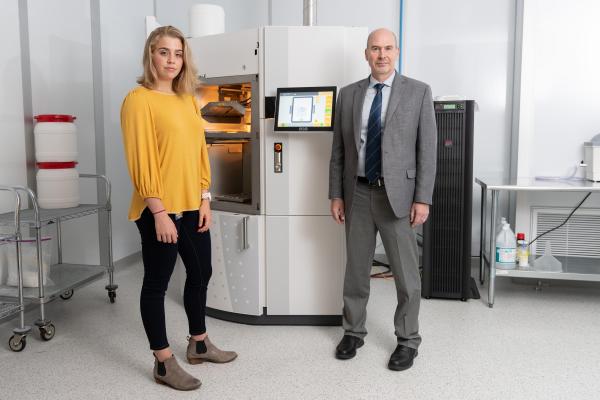 Research Scientist Sarah Jo Crotts and Biomedical Engineering Professor Scott Hollister are shown at the Global Center for Medical Innovation (GCMI). Hollister holds the Patsy and Alan Dorris Endowed Chair in Pediatric Technology, a joint initiative supported by Georgia Tech and Children’s Healthcare of Atlanta. (Credit: Rob Felt, Georgia Tech)