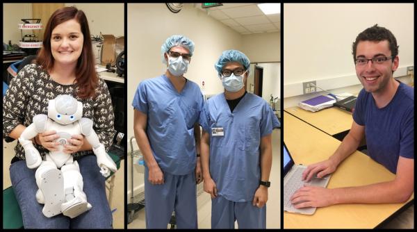 Students from the Accessibility, Rehabilitation, and Movement Science (ARMS): An Interdisciplinary Traineeship Program in Human-Centered Robotics. Left to right: Katelyn Fry, Henry Clever &amp; Jin Xu, Luke Drnach