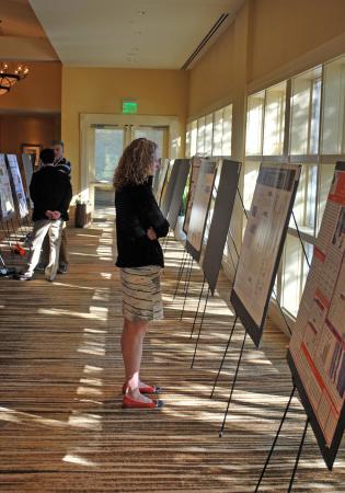 Beth Pruitt of Stanford University inspects one of the 50-plus research posters on display at the Regenerative Medicine Workshop.