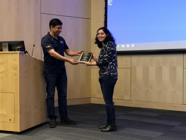 Devina Puri won in the Ph.D. candidate category. Her talk covered, “Single-cell Dynamics of Bacterial Biofilm Formation.”