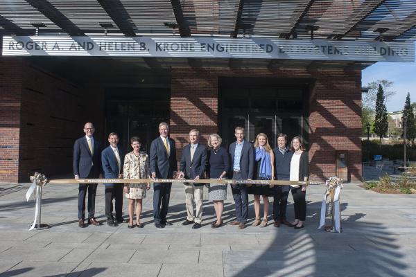 The official naming of the Roger A. and Helen B. Krone Engineered Biosystems Building took place during Georgia Tech’s homecoming festivities October 20, 2017, in Atlanta. From left are Steve McLaughlin, dean of the College of Engineering; Paul Goldbart, dean of the College of Sciences; Val Peterson, first lady of Georgia Tech; G.P. “Bud” Peterson, Georgia Tech president; Roger Krone; Helen Krone; Michael Krone, the Krone’s son; Lauren Krone, the Krones' daughter; and David and Susie Krone, the Kro