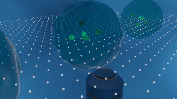 Illustration of super-resolution optofluidic scanning microscopy, which allows for imaging of living cells in flow. (Illustration Courtesy: Shu Jia)