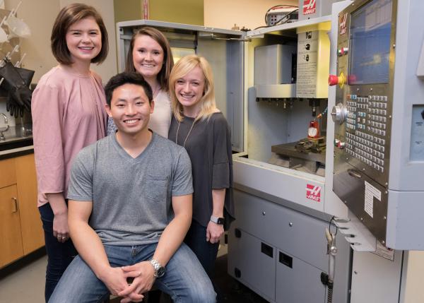 InVenture Prize finalist Scal-Pal redesigned surgical blade packages so they’re easier and safer to use. The inventors are biomedical engineering majors: Rachel Mann, Bailey Klee, Sydney Platt and Nicholas Quan. (Photo by Allison Carter)

 