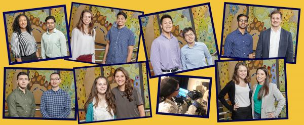 The Petit Scholars and their mentors are staying active: (Clockwise from top left) Milan Riddick and Pranav Kalelkar, Berna Aliya and Mahir Mohiuddin, Kevin Tao and Ida Su, Krishna Pucha and Jay McKinney, Rachel Fitzgerald and Asheley Chapman, Mariana Holguin-Lopez at work in the lab, Ana Cristian and Kalina Paunovska, and Kasey Cervantes with Yan Fang.