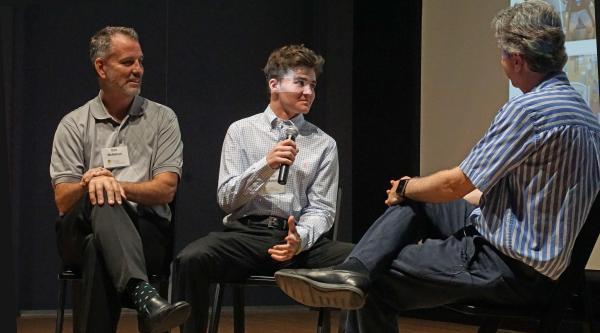 Connor McMahon (center) is typically a young man of few words, but he and his father Don (left) and Dr. Bruce Levine (right) had an epic story to share.