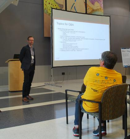 BioE Day keynote speaker Sean Coyer takes a question from his former Ph.D. advisor, Andrés J. García.