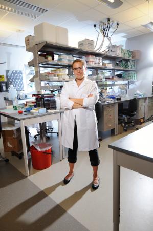 Erika Tyburski, who led the undergraduate team that developed the prototype anemia testing device, is shown in a laboratory of the Wallace H. Coulter Department of Biomedical Engineering at Georgia Tech and Emory University. (Photo: Gary Meek)