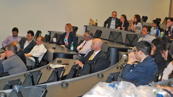 An audience of experts, including Petit Institute Executive Director Bob Guldberg (center), offered feedback and support to MBID students during final presentations.