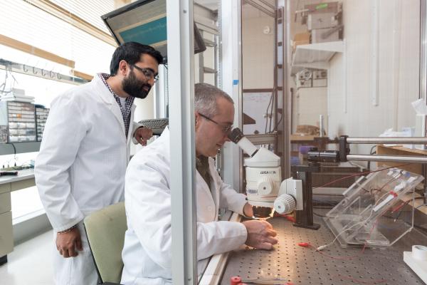 Lead researcher Yogi Patel (standing), and principal investigator Robert Butera in Butera's lab at Georgia Tech.  Credit: Georgia Tech / Rob Felt