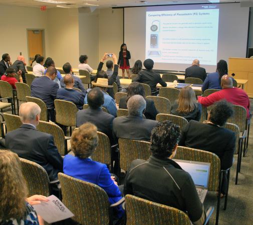 The Suddath Room was packed for the Project ENGAGES Senior Celebration, which featured research presentations from the students and a keynote speech from Louis Sullivan.