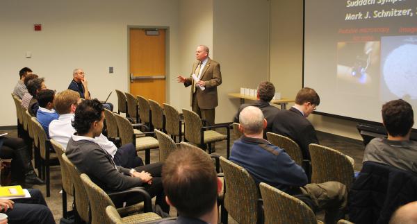 Georgia Tech Executive Vice President for Research Steve Cross offered a welcoming address to attendees of the Suddath Symposium.