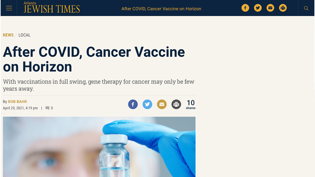 A screenshot of the Atlanta Jewish Times story, "After COVID, Cancer Vaccine on Horizon," which includes Coulter Department Regents Professor Mark Borodovsky.