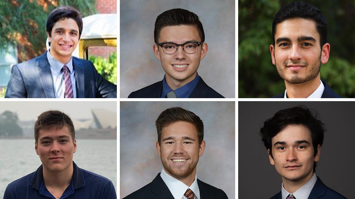 Co-creators of PopTracker, an automated passenger counting technology for transit systems: clockwise from top left, Ricardo Meizoso (ME), Thomas Beckler (BME), Nicolas Mirchandani (ID), Jaime Vera (BME), Davis White (BME), and Leonardo Ricci (CS).