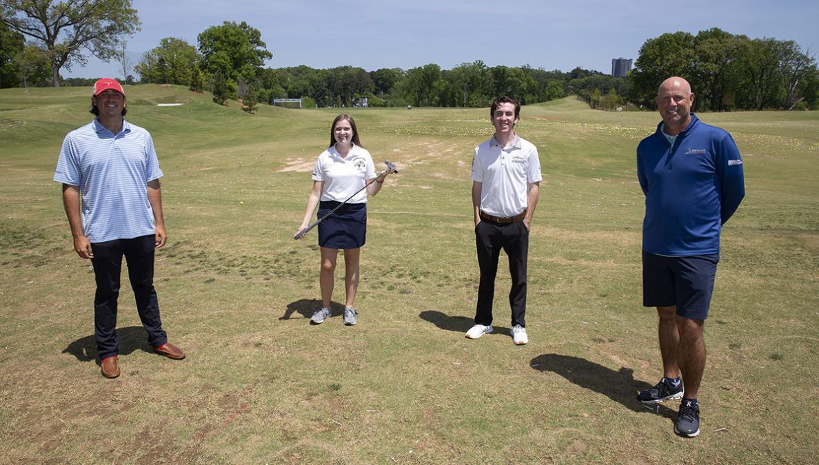 From left, Georgia Tech alumnus Reagan Cink, undergraduate researchers Caroline Means and Brittan Pero, and pro golfer and Tech alumnus Stewart Cink at Bobby Jones Golf Course in Atlanta. The Cinks helped test a 3D-printed putter Means designed with Tech researcher Jud Ready. The elder Cink helped consult on the design, along with the pros at Bobby Jones Golf Course. (Photo: Candler Hobbs)