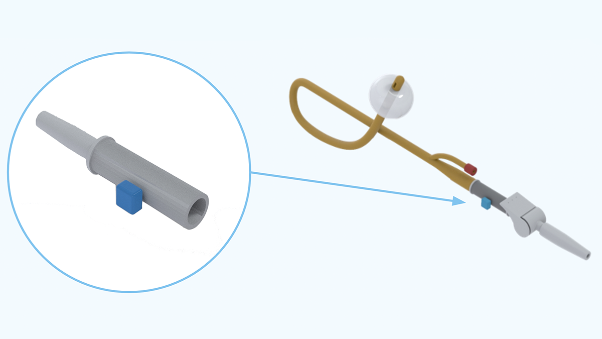 Illustration of the Augment Health Bladder Management Device is a sensor that fits between a catheter and catheter valve and sends notifications to a smartphone or other device when the user's bladder is full.