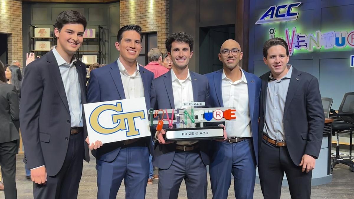 Team carSEAL with their first-place ACC InVenture Prize trophy after the finals. From left, Derek Prusener, Joshua Cruz, Nicholas Lima, Shovan Bhatia, and Giancarlo Riccobono. (Photo: Recha Reid)