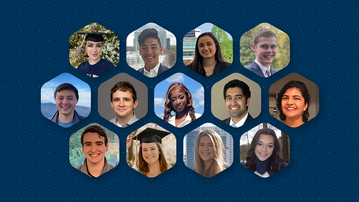 Hexagon grid of some Coulter BME graduates. Top row: Alessandra Ania Yoldas, Camilo Londono, Chloé Thiveaud, Conor Flannelly. Middle: David Wolfson, Graham Collins, Isha Diambou, Keshav Kohli, Sara Thomas Mathew. Bottom: Kevin McCoy, McKenzie Tuttle, Peyton Holzworth, Rachel Epperson. (Image: Manit Rambhia)